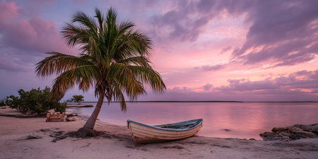 Sunset on the beach with a boat in the foreground, Cayo Largo, Cubaの写真素材