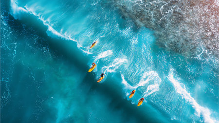 Aerial view of surfers in ocean waves. Top view of surfers swimming in ocean waves.の写真素材