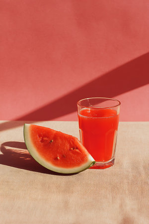 Glass of fresh watermelon juice and slice of watermelon on tablecloth on red backgroundの写真素材