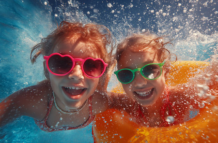 Portrait of happy mother and daughter swimming and having fun in swimming poolの写真素材
