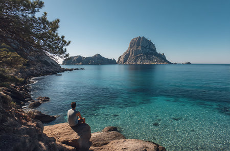 Young man sitting on a rock in the sea and looking at the mountain.の写真素材