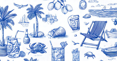 Seamless pattern with hand drawn summer vacation items. Vector illustrationの素材