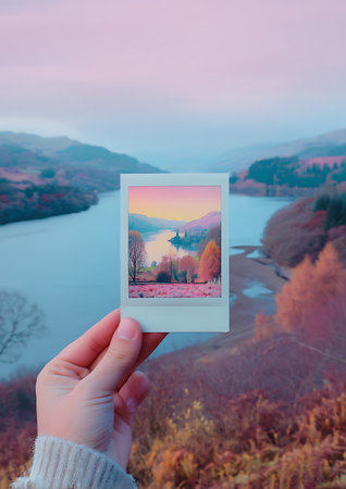 Hand holding photo frame in front of a lake with autumnal landscapeの写真素材