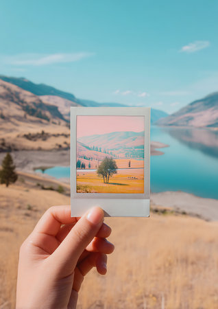 Hand holding a photo frame in front of a lake with mountains in the backgroundの写真素材