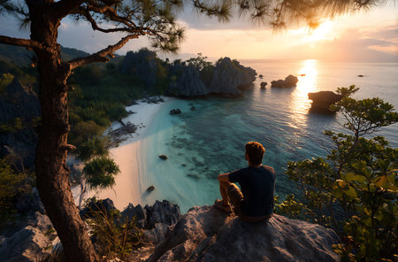 Man sitting on the rock and watching the sunset over the sea.の写真素材
