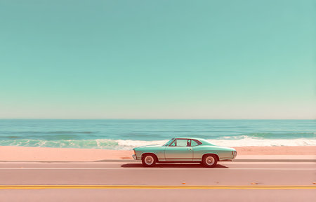 Retro car on the road with sea background, vintage tone.の写真素材