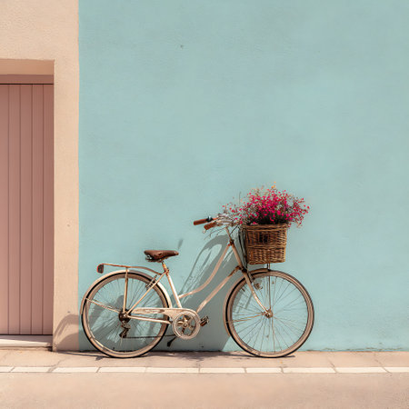 Bicycle with a basket of flowers on the background of a blue wallの写真素材