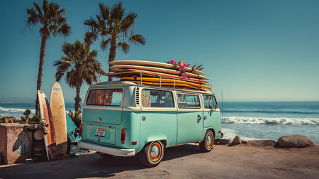 Vintage camper van with surfboards on the beach in Californiaの写真素材