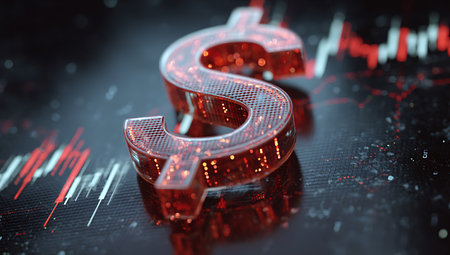 3D rendering of dollar symbol and stock market chart on dark backgroundの写真素材