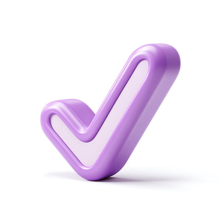 3d glossy purple check mark icon, isolated on white background.の写真素材