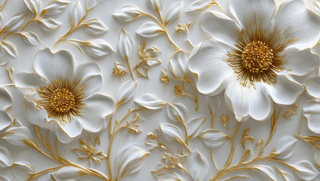 3d illustration of white flowers with gold ornament on white background.の写真素材