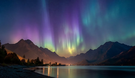 Aurora borealis at a lake with mountain backgroundの写真素材