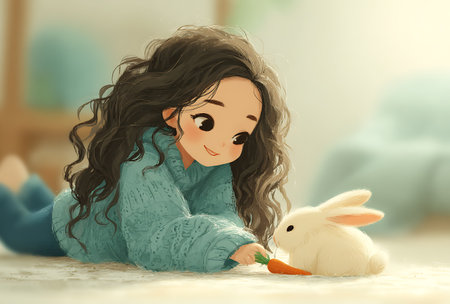 Cute little girl playing with bunny on the floor in the roomの写真素材