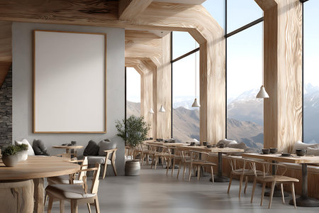 Interior of modern cafe with wooden walls, concrete floor, loft windows, long wooden tables with chairs and vertical mock up poster. 3d renderingの写真素材