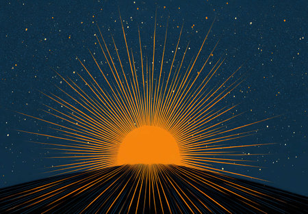 Sunset with rays and stars in the sky. Vector illustration.の写真素材