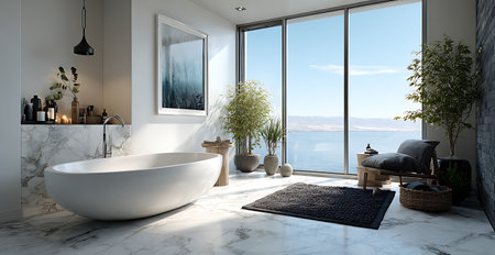 Modern bathroom interior design with white bathtub and panoramic window. 3d renderの写真素材