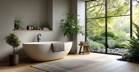 Bathroom interior design with white bathtub and plants - 3D Renderingの写真素材