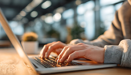 cropped shot of businesswoman typing on laptop at workplace in officeの写真素材