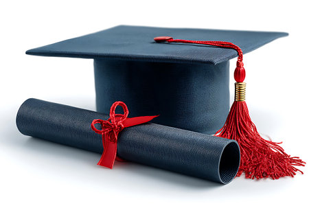 Graduation cap and diploma isolated on white background. Education concept.の写真素材