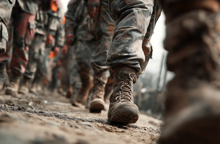 Soldiers walking on the ground, close-up. Military conceptの写真素材