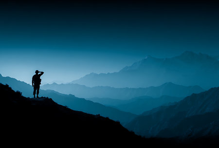 Silhouette of a photographer on the top of a mountain.の写真素材