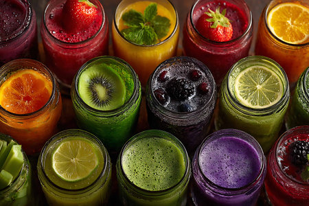 Assortment of colorful smoothies in glass jars, top view.の写真素材