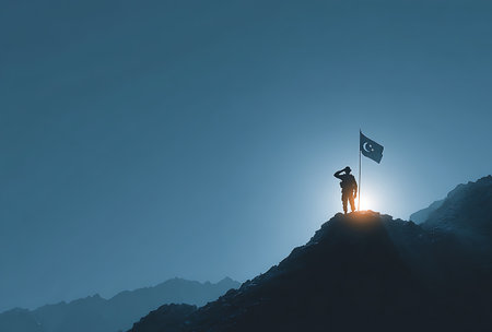 Silhouette of a man standing on top of a mountain and holding a flag.の写真素材