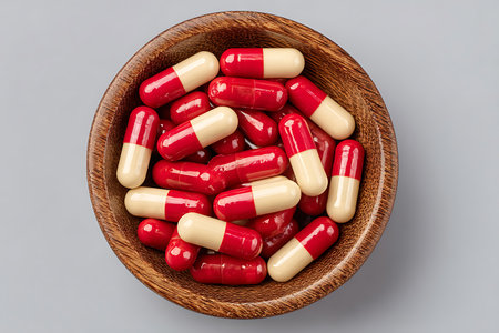 Capsules in wooden bowl on gray background. Top view.の写真素材