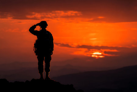 Silhouette of a soldier on top of the mountain at sunsetの写真素材