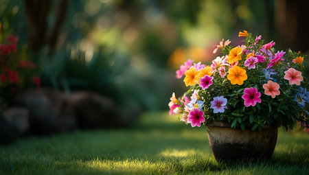 Colorful flowers in flowerpot on green grass in the garden.の写真素材