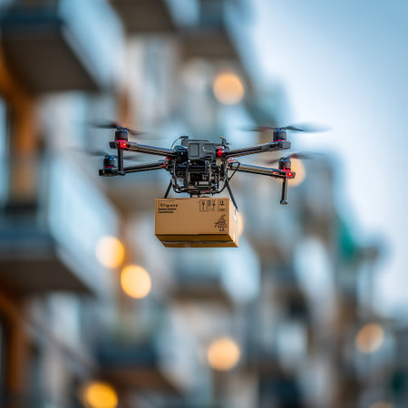 Drone with package on the background of the building. 3d renderingの写真素材