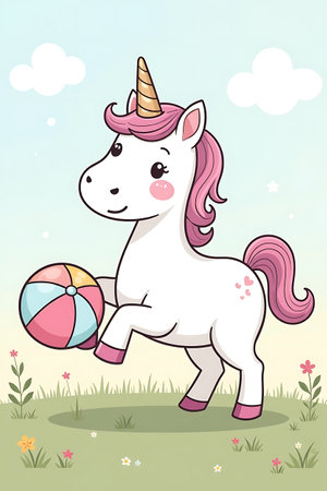 Cute cartoon unicorn with ball in the meadow. Vector illustration.の写真素材