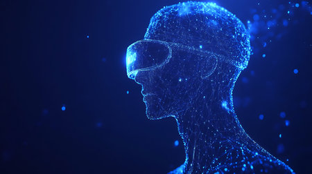 3d illustration of virtual human head with virtual reality glasses. Artificial intelligence conceptの写真素材