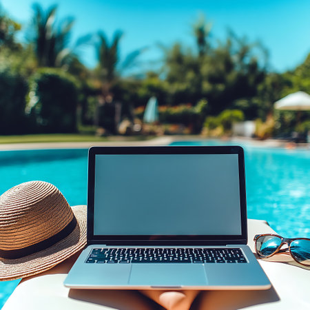 Woman using laptop with blank screen near swimming pool on sunny day.の写真素材