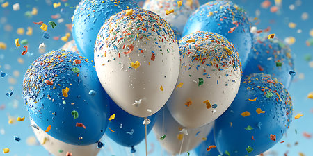 3d rendering of blue and white balloons with confetti and streamersの写真素材