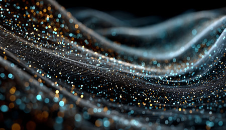 Abstract 3d rendering of chaotic particles in empty space. Futuristic background with depth of field and bokeh.の写真素材