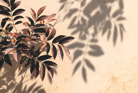 Leaves and shadow on the wall. Natural background. Copy space.の写真素材