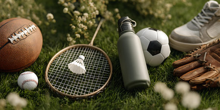 Sports equipment on green grass. Sneakers and bottle of water.の写真素材