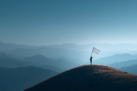 Silhouette of businesswoman with flag on top of the mountainの写真素材
