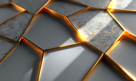 3d rendering of abstract metallic background with golden honeycomb pattern.の写真素材