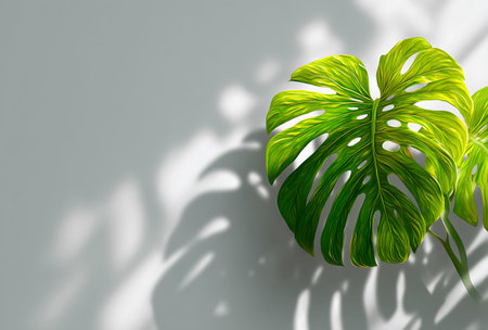 Monstera leaves on white background with shadow. 3D illustration.の写真素材