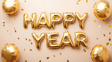 Happy new year gold balloons and confetti on pastel background. 3D Renderingの写真素材