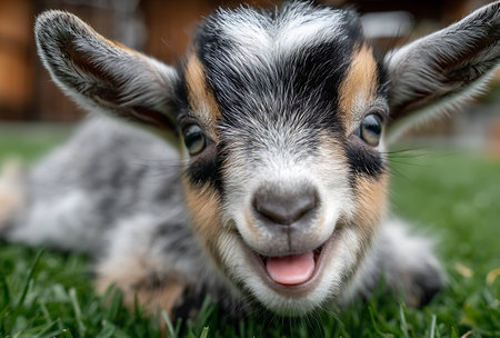 Portrait of a baby goat on the green grass in the gardenの写真素材