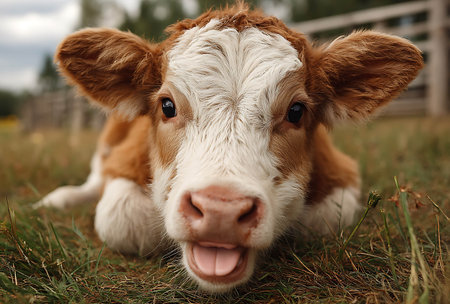 Cute brown and white calf lying on the grass, closeupの写真素材