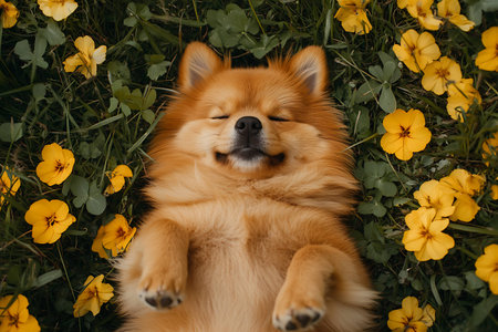 Pomeranian dog lying on the green grass with yellow flowers.の写真素材