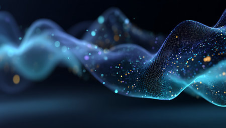 3d rendering of abstract digital particles wave with depth of field and bokehの写真素材