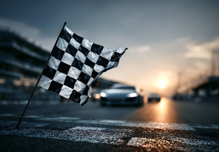 Checkered flag on the road in the evening, racing concept.の写真素材