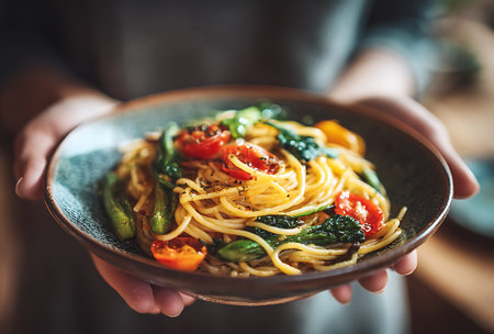 Spaghetti with spinach and cherry tomatoes in woman hands, close upの写真素材