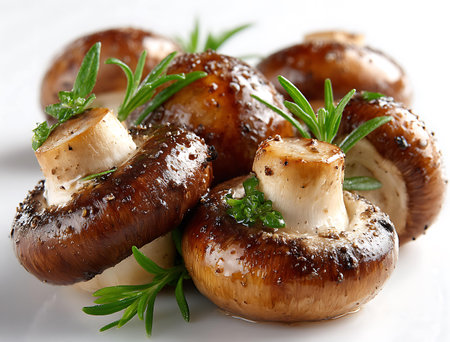 Mushrooms with rosemary and thyme on a white backgroundの写真素材