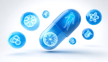3d rendering of a blue pill with virus and bacteria on white backgroundの写真素材